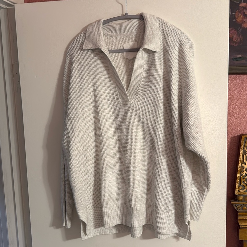 Aerie Waffle Polo Sweater Gray Heather